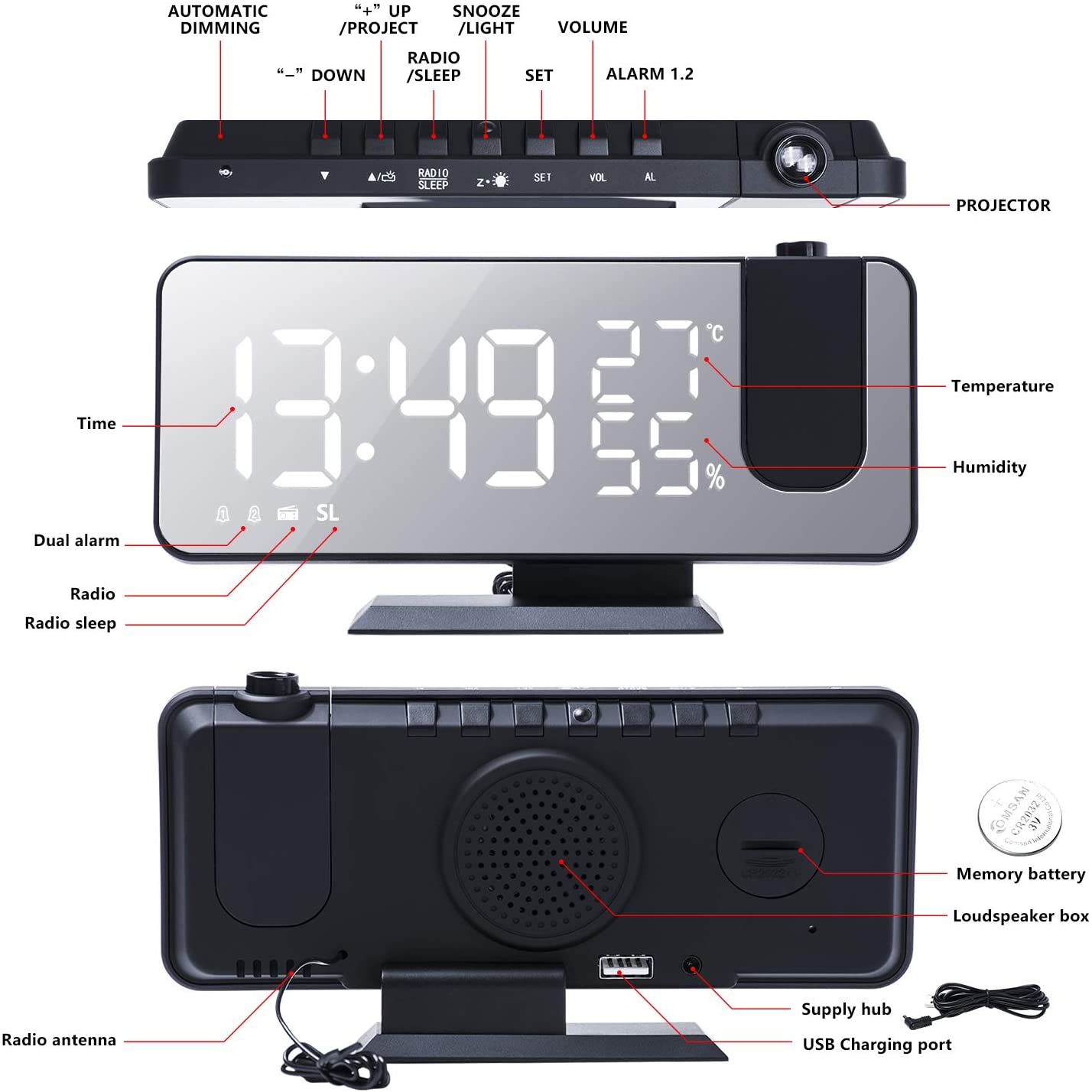 LED Projection Digital Alarm Clock Phone Charger - Headphone store