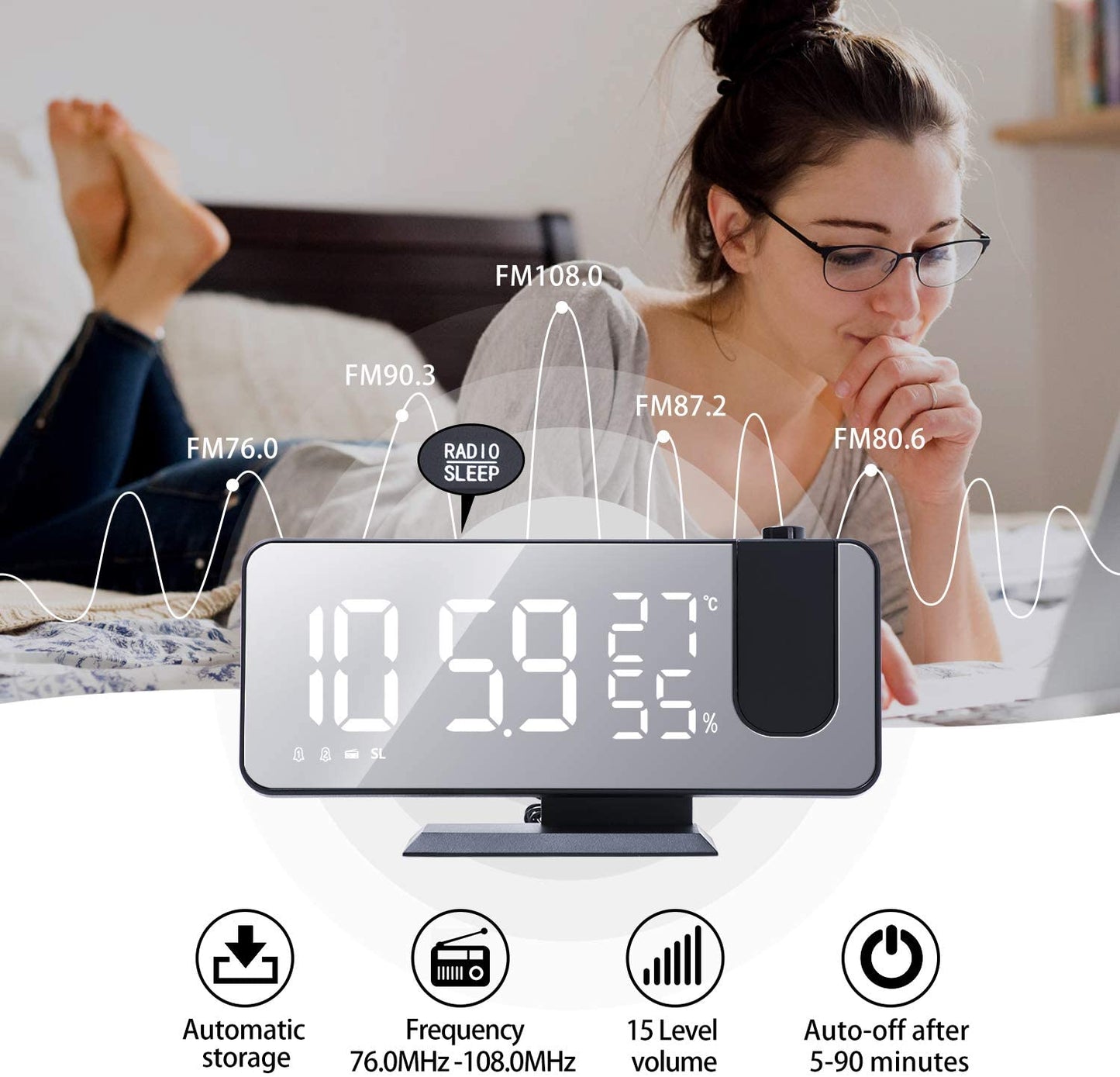 LED Projection Digital Alarm Clock Phone Charger - Headphone store