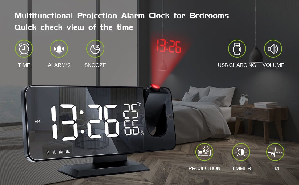 LED Projection Digital Alarm Clock Phone Charger - Headphone store