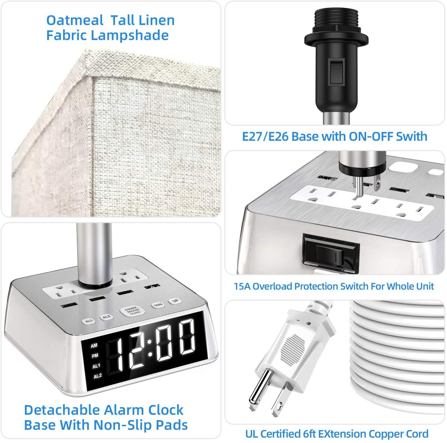 Table Lamp, 4 USB Ports & AC Power Outlets, Alarm Clock - Headphone store