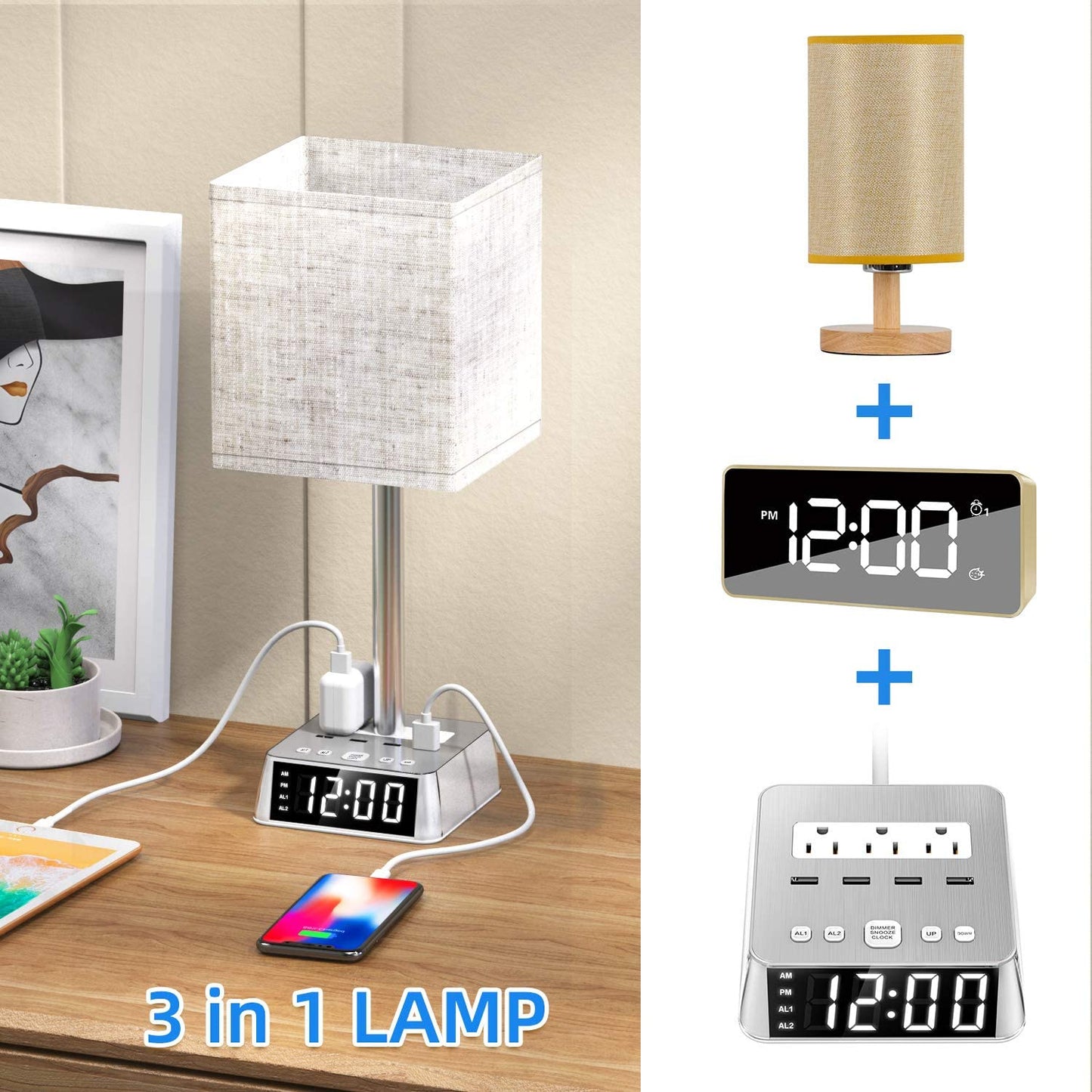 Table Lamp, 4 USB Ports & AC Power Outlets, Alarm Clock - Headphone store