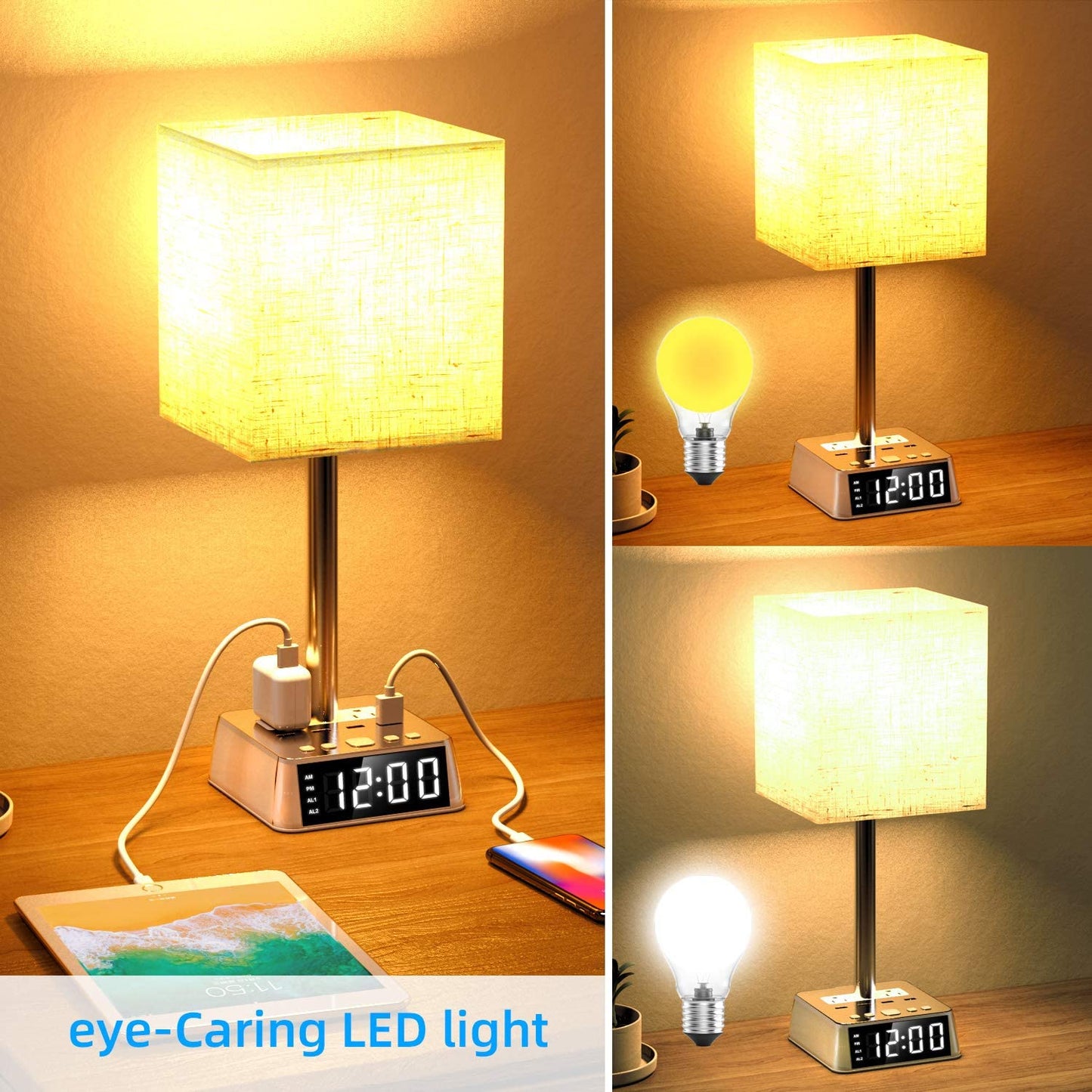 Table Lamp, 4 USB Ports & AC Power Outlets, Alarm Clock - Headphone store