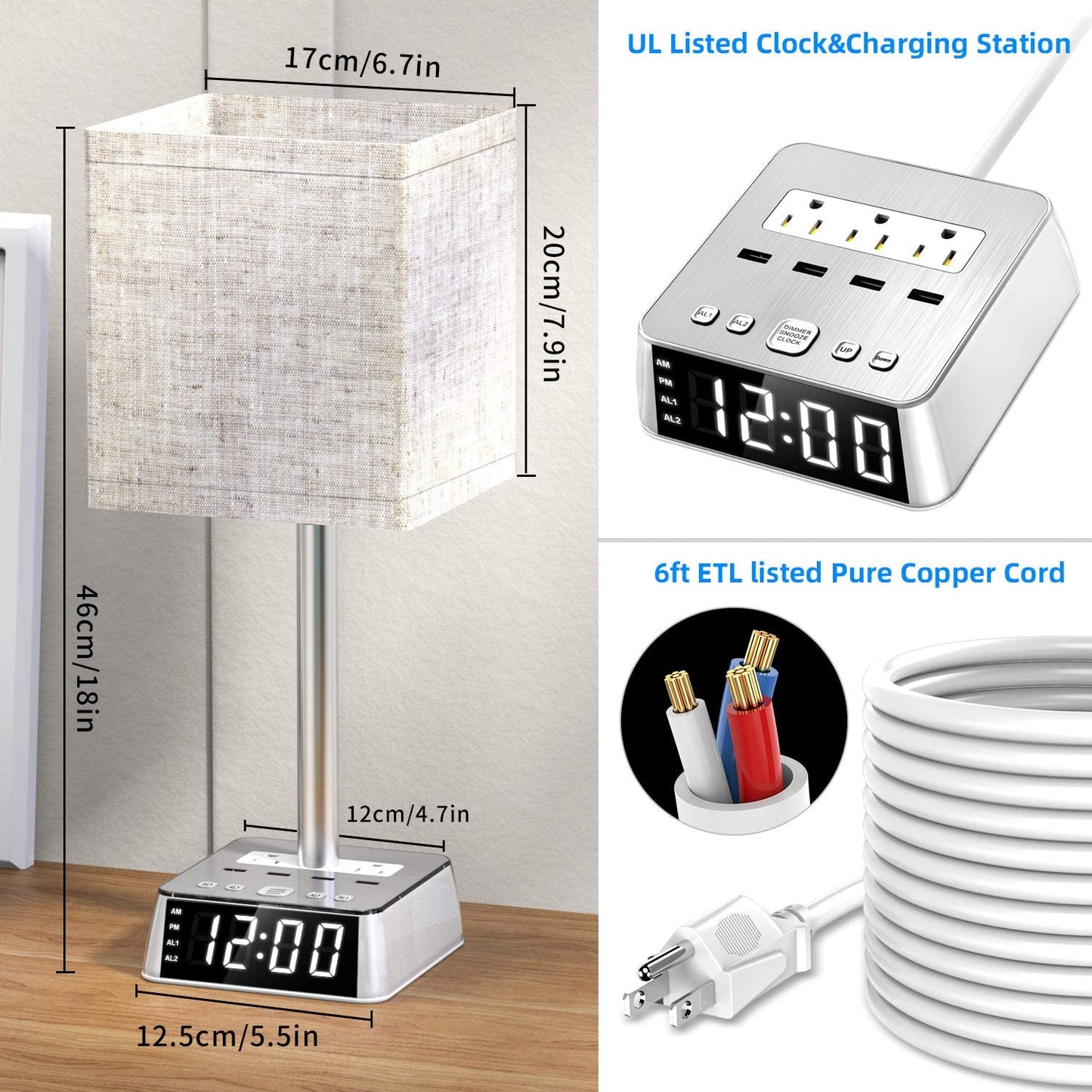 Table Lamp, 4 USB Ports & AC Power Outlets, Alarm Clock - Headphone store