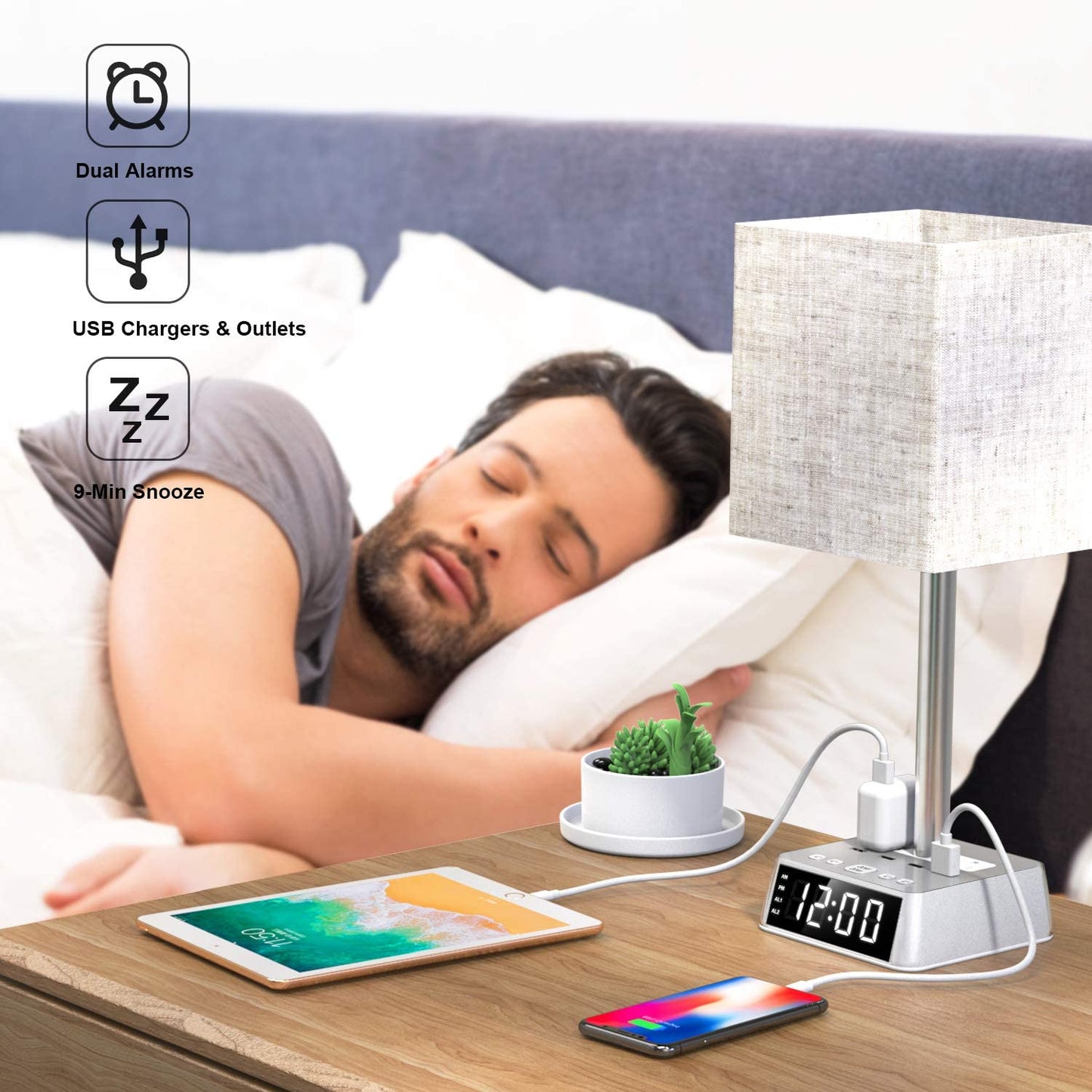 Table Lamp, 4 USB Ports & AC Power Outlets, Alarm Clock - Headphone store