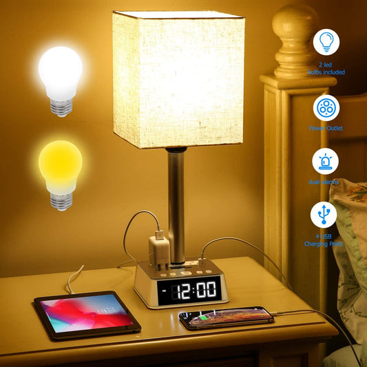 Table Lamp, 4 USB Ports &amp; AC Power Outlets, Alarm Clock - Headphone store